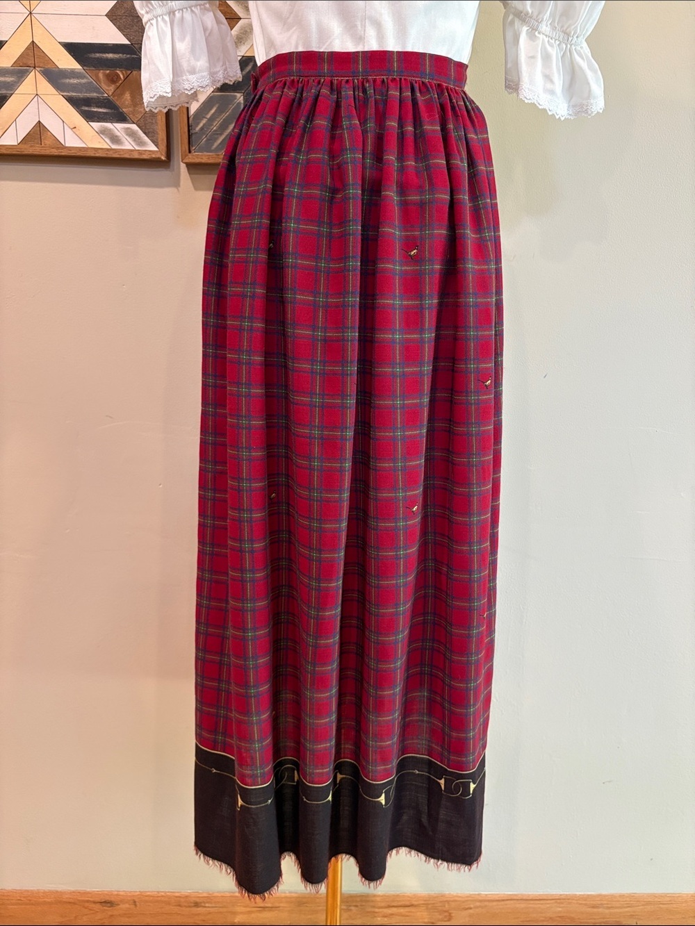 Vintage Ralph Lauren Red Plaid Wool Pheasant Equestrian Maxi Skirt Medium 12 - Picture 9 of 14